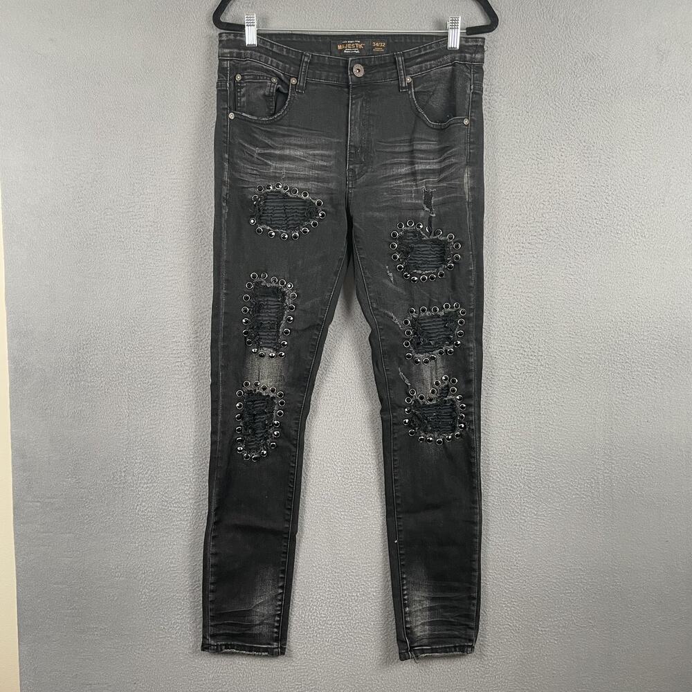 Majestik Jeans Mens 34x32 Black Distressed Grommet Patch Skinny Fit Denim Pants